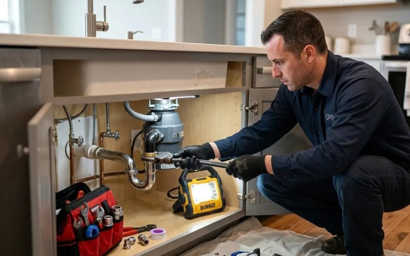 Experienced plumber carefully inspecting a residential plumbing system